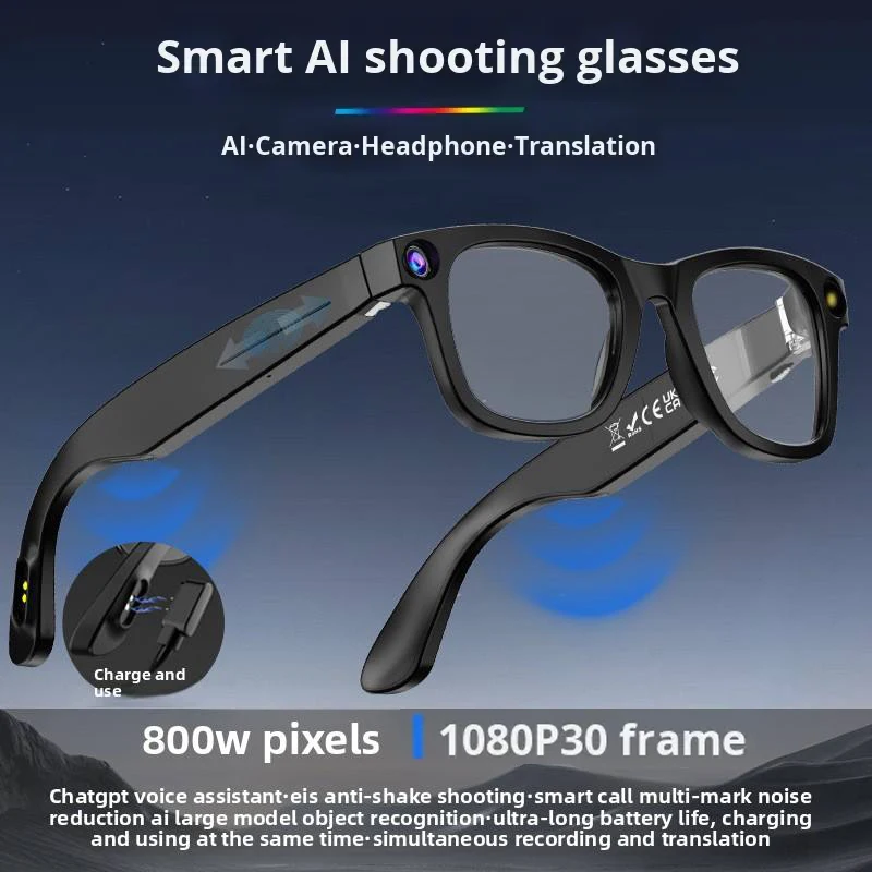 แว่นตาอัจฉริยะ AI พร้อมกล้อง 8MP บันทึกภาพและวิดีโอ แปลภาษา ตอบคำถามด้วย AI แว่นตาอัจฉริยะ เลนส์โพลาไรซ์ รองรับ CHAT GPT