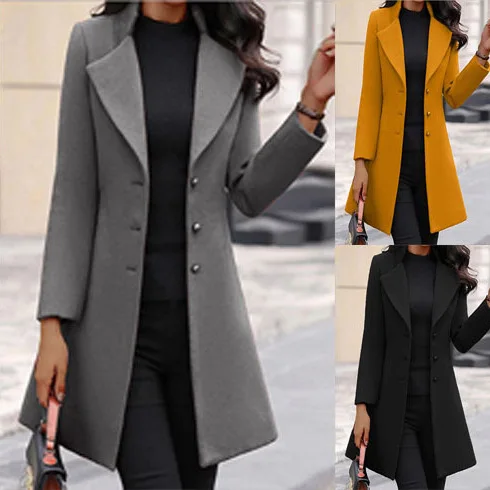 

European and American autumn and winter coat Korean solid color slim mid-length button woolen coat