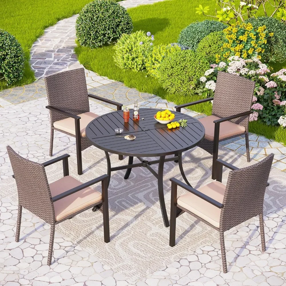 5 Piece Outdoor Dining Table Set for 4, 42” Round Steel Dining Table with Umbrella Hole & 4 Metal-Frame Wicker Chairs for Patio