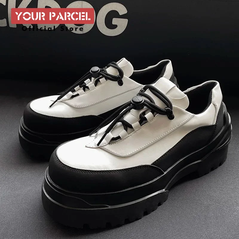 Black and white color blocked dad shoes, men's height increasing thick soled leather sports shoes, outdoor reflective design