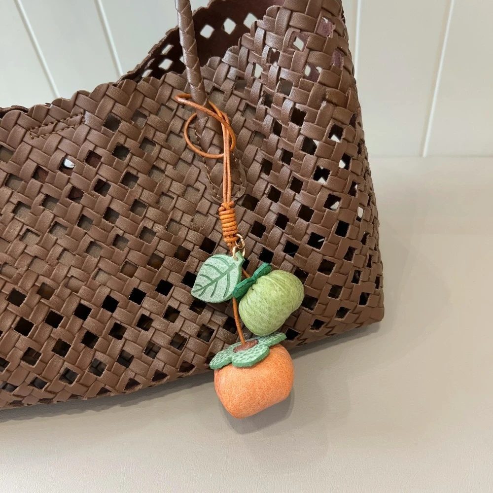 Handmade Cowhide Double Persimmon Bag Charm Genuine Leather Backpack Pendant, Car Hanging Ornament Gift for Women Bag Decoration