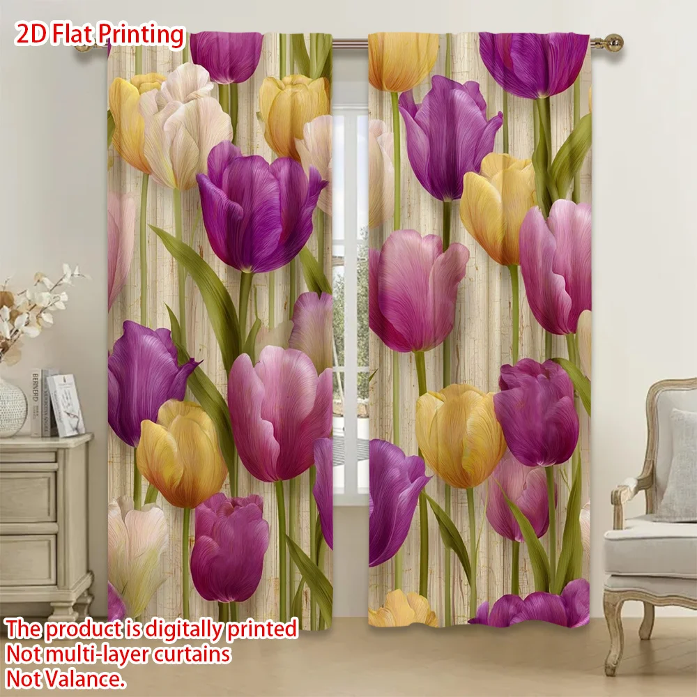 Pastel Tulip Floral Blackout Curtain Purple Pink Yellow Bloom Pattern Drape For Girl Room Apartment Soft Sweet Window Curtain