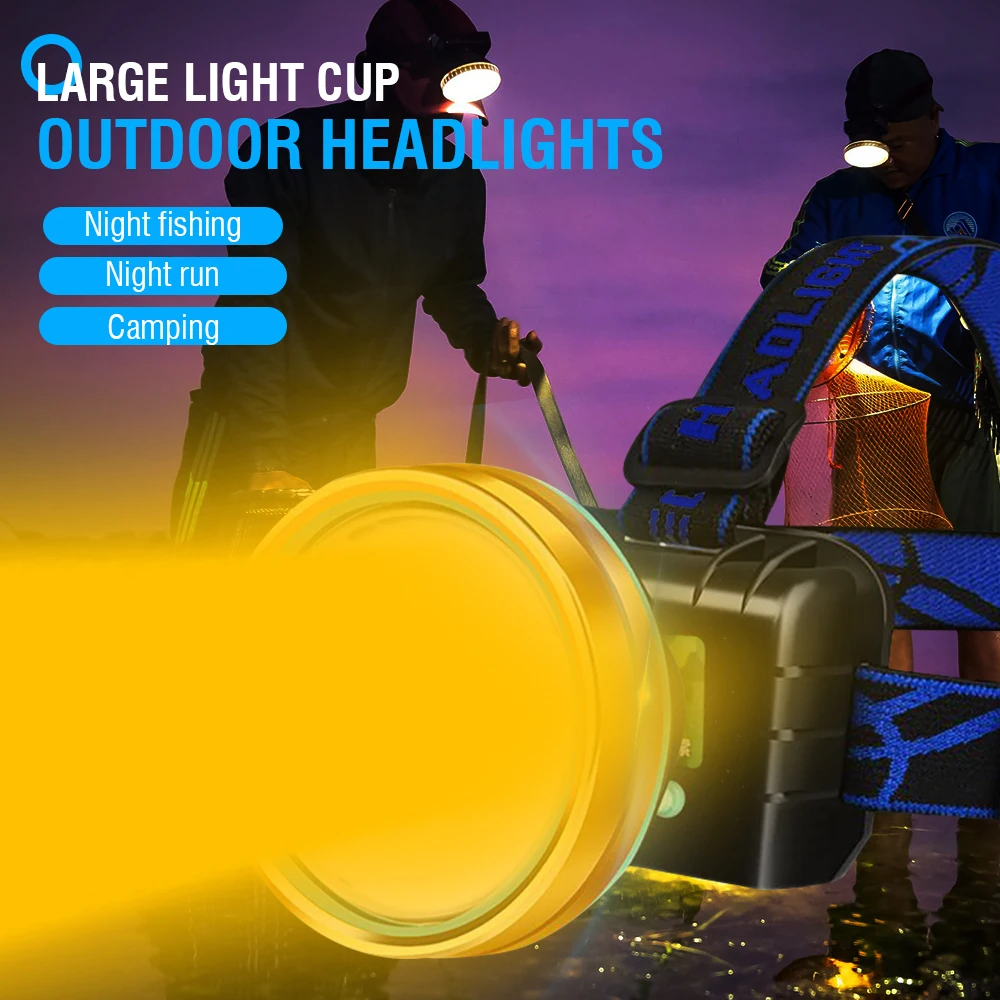 BORUiT LED COB Headlamp 18650 USB Rechargeable Head Torch Yellow/White Fishing Work Headlight Waterproof for Hunting Camping