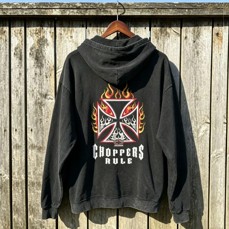 Double Sided Flame Cross Print Letter Logo West Coast Choppers Hoodie Black Washed Terry Hooded Sweatshirt Men Women Streetwear