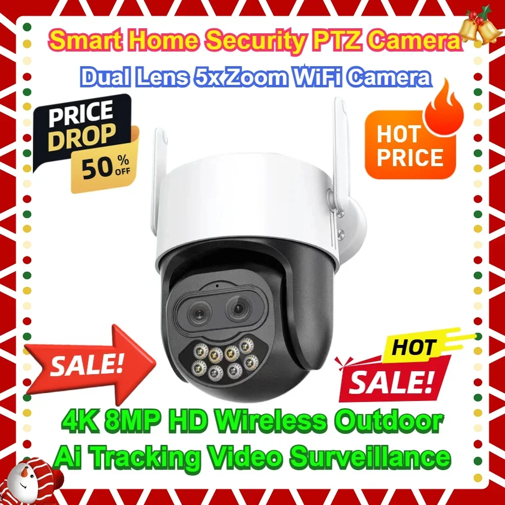 

4K 8MP HD Wireless Outdoor Ai Tracking Video Surveillance ICsee Dual Lens 5x Zoom WiFi Camera Smart Home Security PTZ Camera