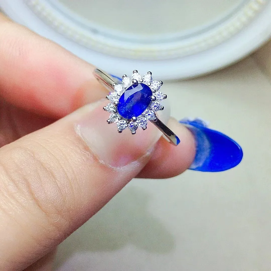 Classic 925 Silver Sapphire Wedding Ring for Woman 18K White Gold Plating 4mm*6mm 0.5ct Natural Sapphire Engagement Ring