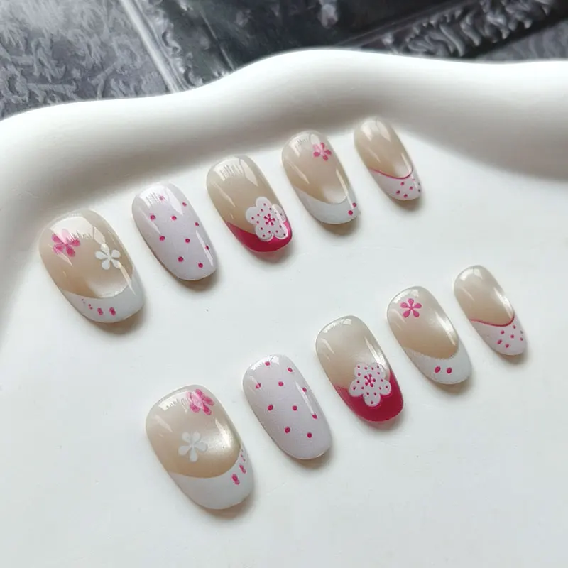 10Pcs Sweet and Girly French Manicure Red Polka Dot with Plum Blossom Press on Nails Fake Nails Gentle and Detachable Nail Patch view 3