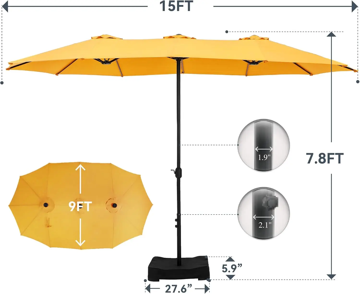 15 FT Large Rectangle Outdoor Patio Umbrella with Base, Heavy‑Duty Offset Shade Shelter for Backyard, Poolside and Garden