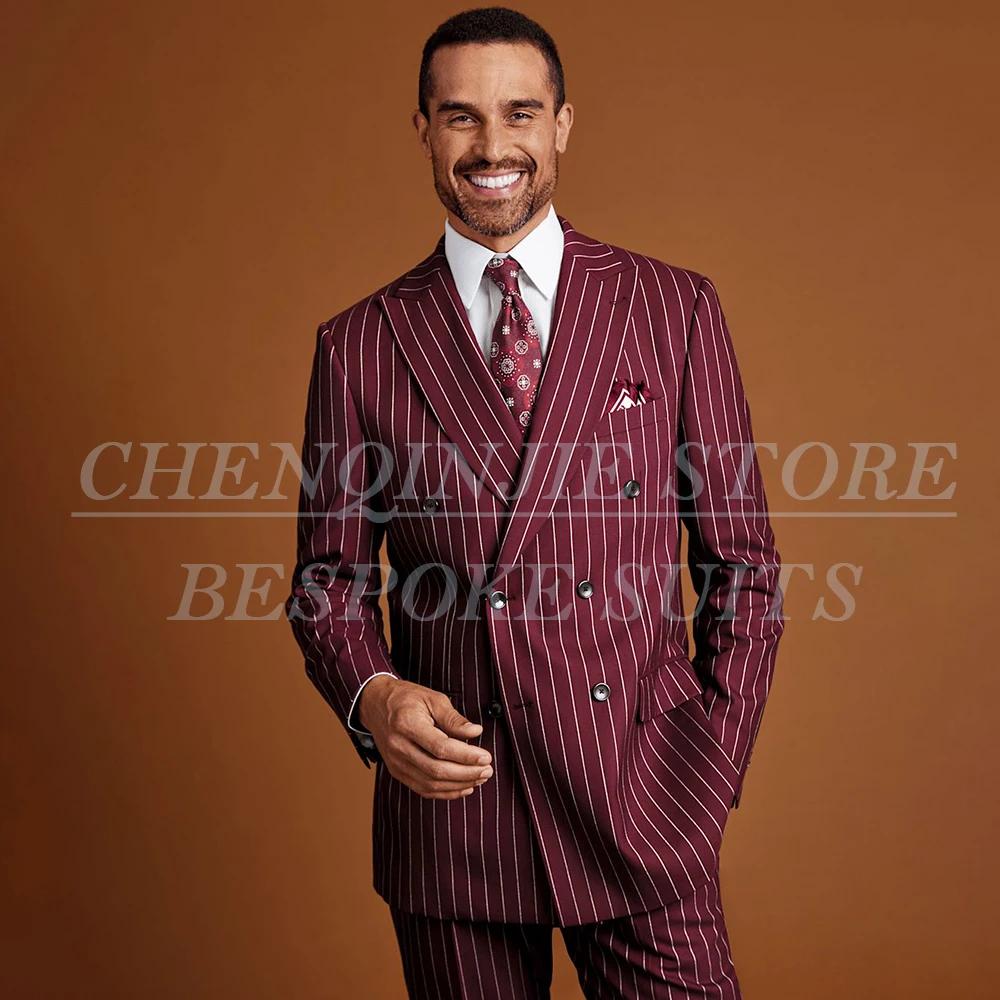 

Elegant Pinstripe Men's Suits Formal Double Breasted Peak Lapel 2 Piece Jacket Pants Sets High Quality Male Clothing Terno