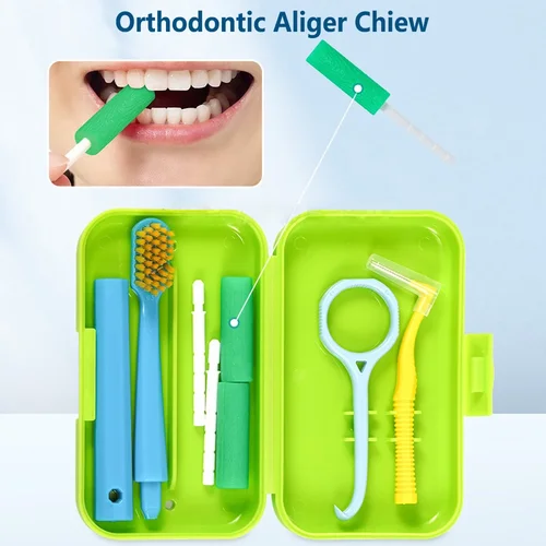 Imagen 2 del producto Juego de cepillos de dientes de ortodoncia: kit completo de cuidado de aparatos ortopédicos con cepillo interdental, raspador de lengua, alineador Chewies