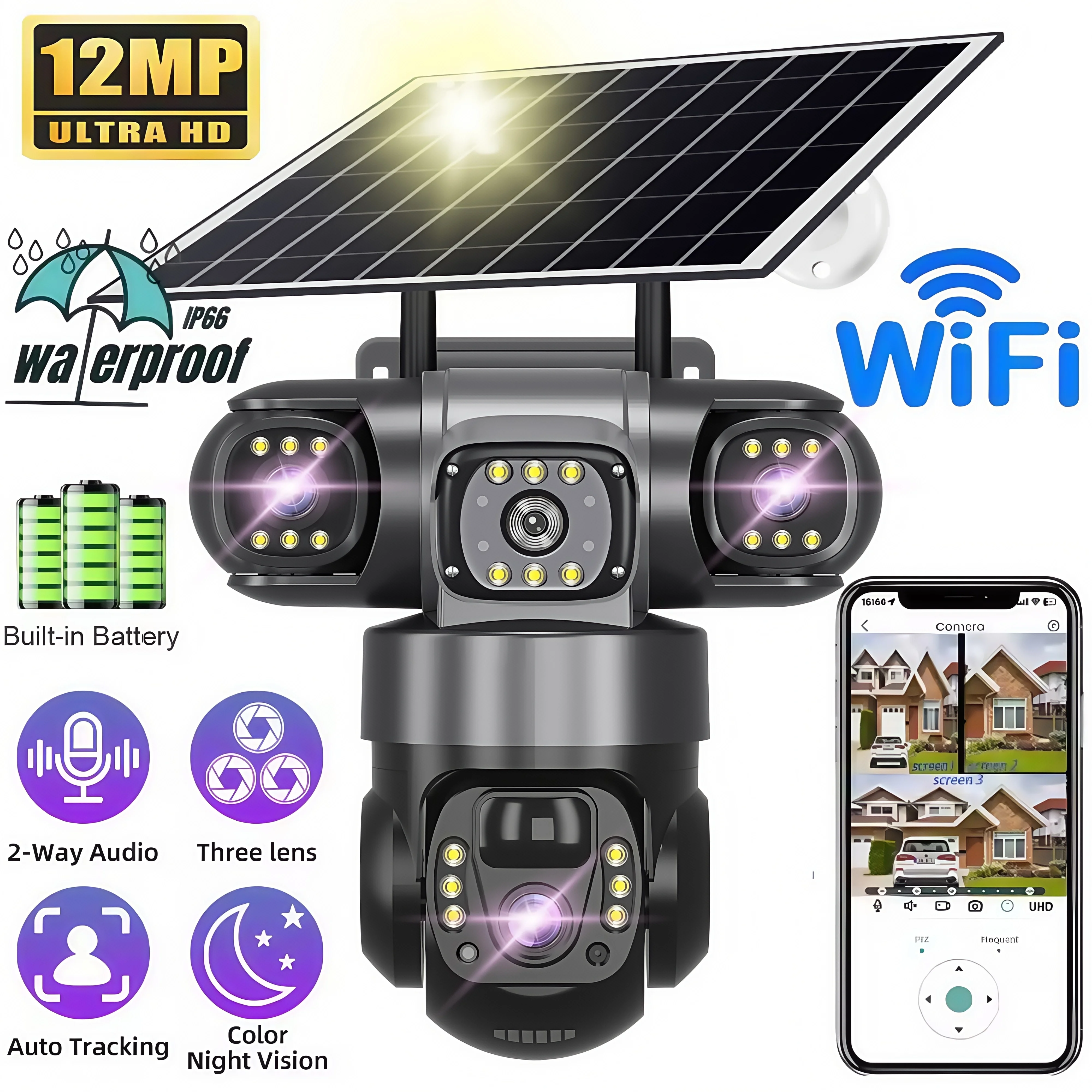 

Solar Outdoor WIFI Camera 12MP 6K Three HD Len Three Screen Monitor Night Vision Security Protection PTZ Video Surveillance CCTV