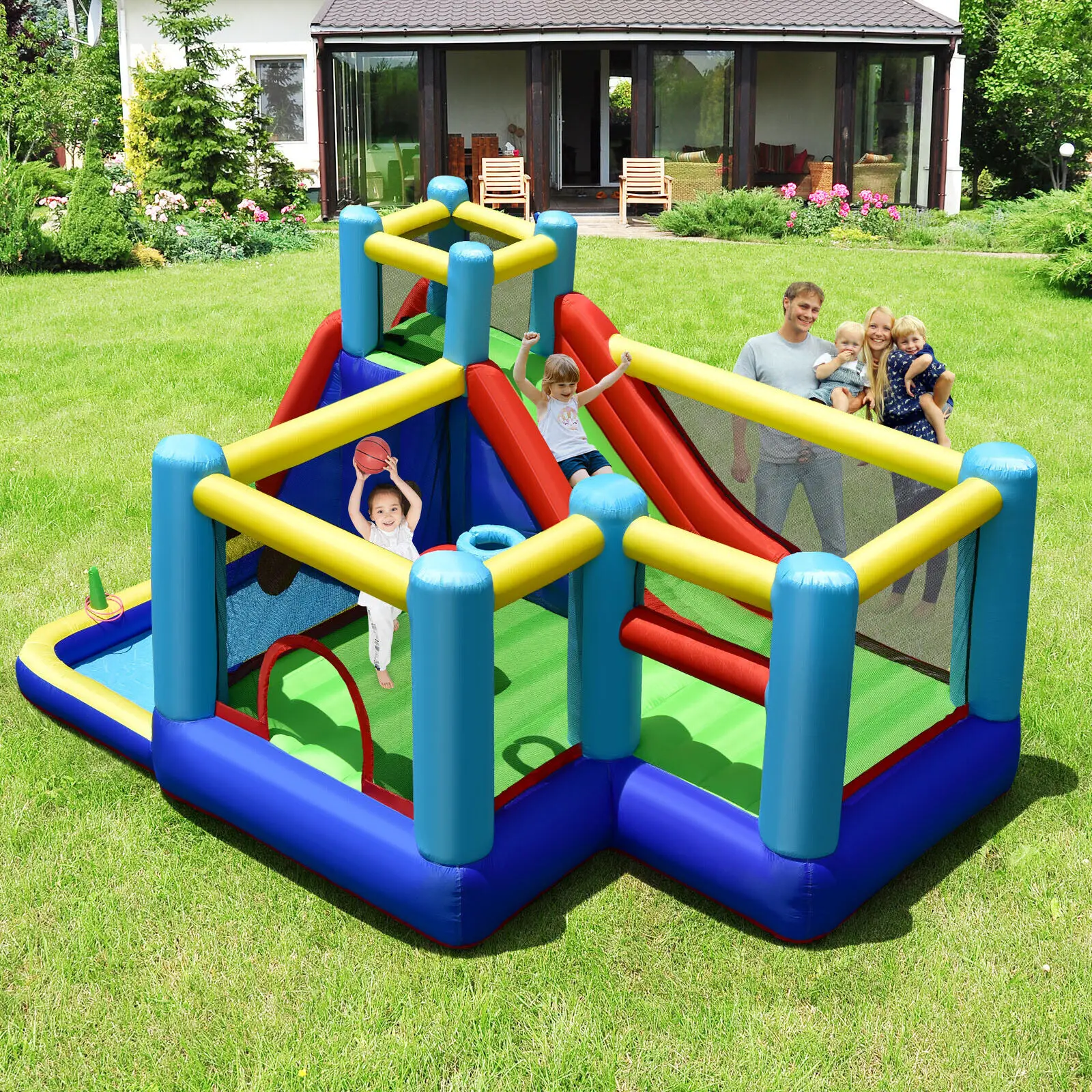 Costway Inflatable Bounce House 8-in-1 Kids Inflatable Slide Bouncer (With 735W Blower)