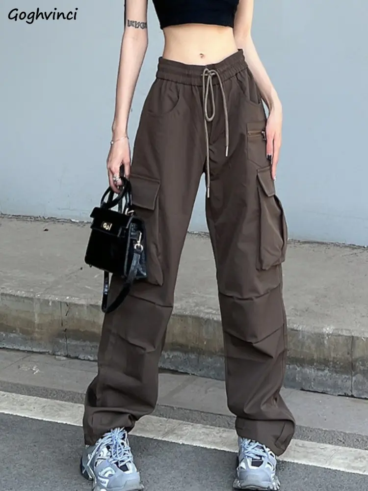 Casual Pants Women Chic Baggy Streetwear All-match Vintage Pockets Fashion Drawstring Simple Cargo Trousers Ulzzang Spring Solid