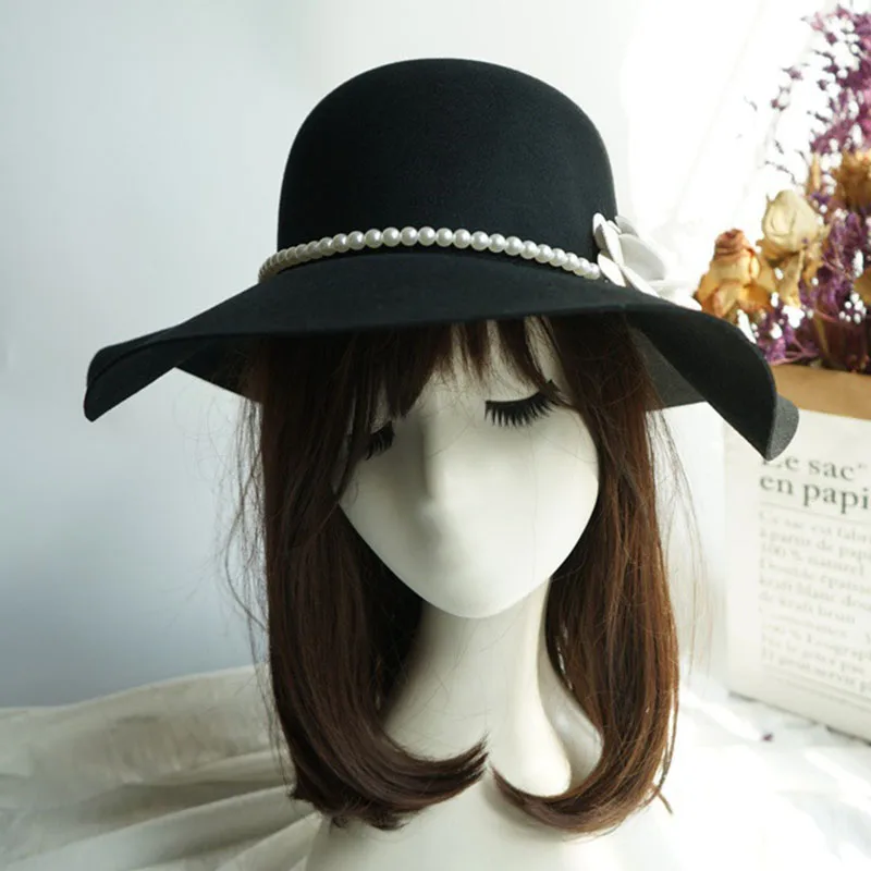 Women Black Fedora Hat Wool Felt Ladies Hats Winter Floppy Brim Flower Fedoras Perals Band Church Wedding Dress Fascinator Hat