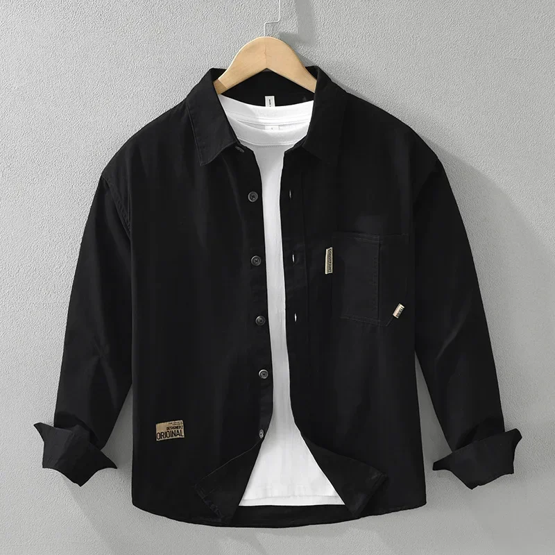 

Весенняя новая повседневная черная рубашка мужская в японском стиле винтажная рубашка-карго с длинным рукавом мужские свободные рубашки из чистого хлопка с карманами и лацканами