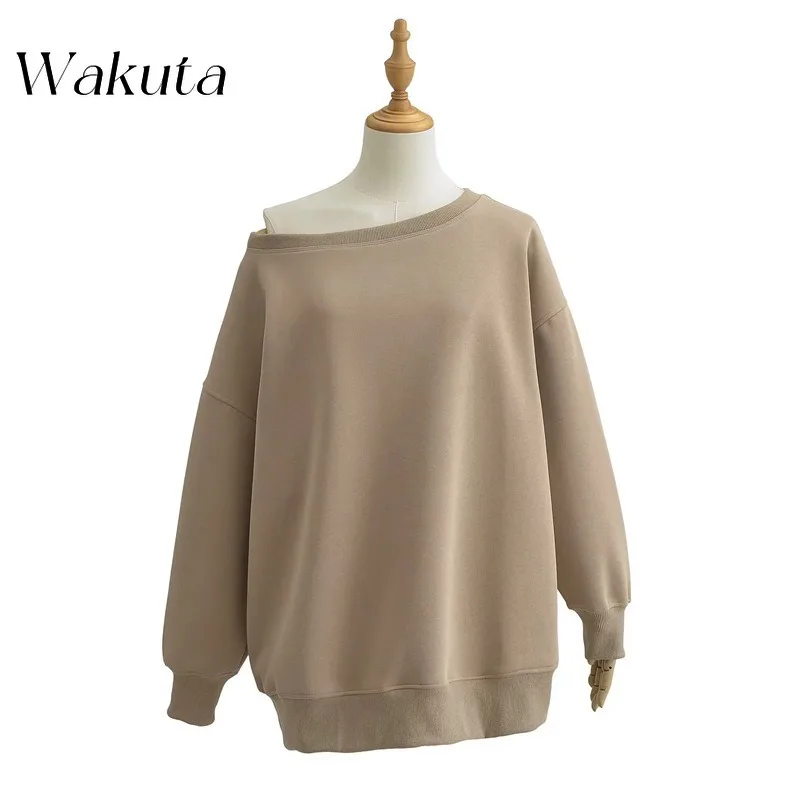 

WAKUTA Autumn Retro One Word Collar Off Shoulder Long Sleeve Solid Hoodie Lazy Loose Large Edition Casual Sports Sweatshirts