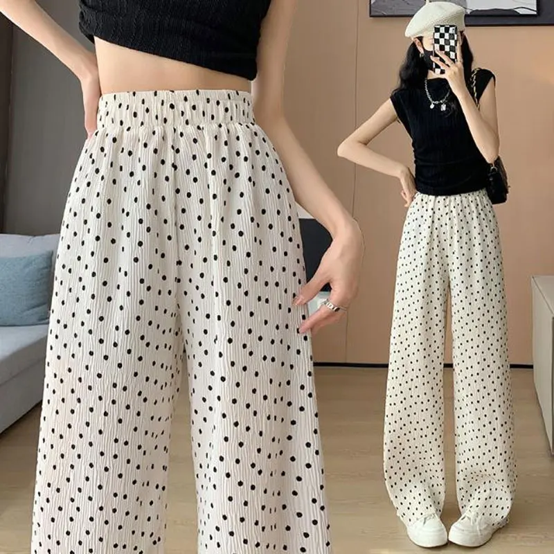 

Korean Polka Dot Fashion Folds Trousers Female Clothing Loose Straight High Waist Elastic Summer Basic Wide Leg Casual Pants New