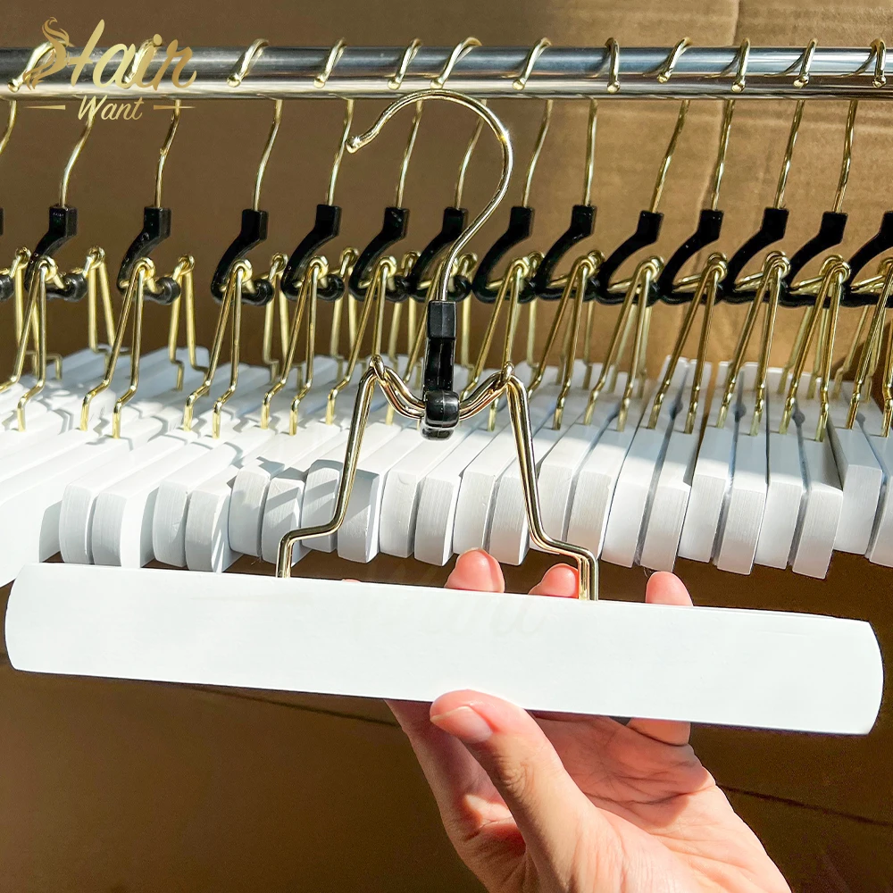 Hair Want 12 Stück Holz-Verlängerungsbügel, Haarverlängerungsbügel, Rock-Aufhänger, Klemme mit Samt gepolstert, 360 cm °   Drehbarer Haken