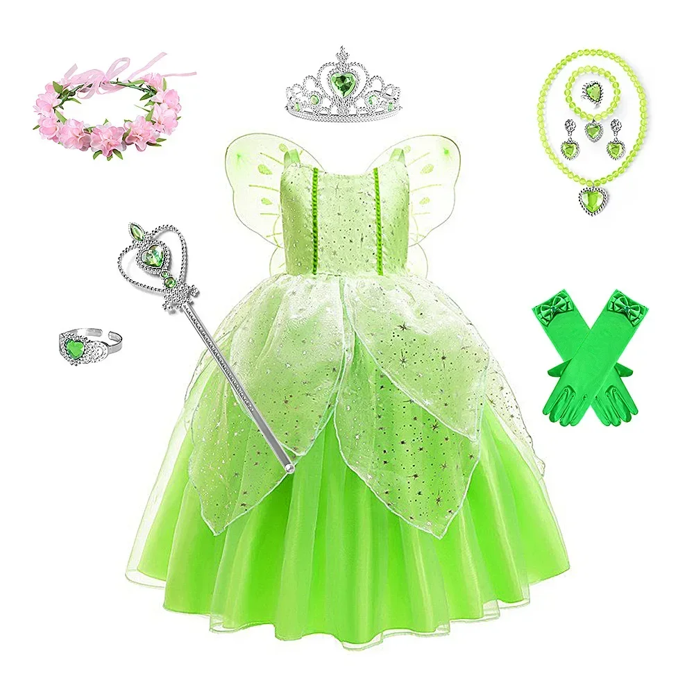 HOT Tinker Bell Costume Halloween Costume for Kids Green Tinkerbell Fancy children\'s Dress Fairy Princess Cosplay Carnival Party