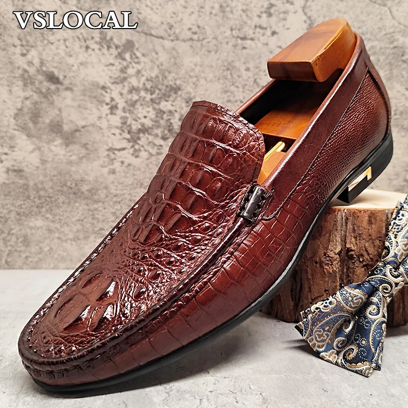 

Italian Genuine Leather Men Shoes Black Brown CROCO Print Slip on Casual Mens Dress Shoes Wedding Office Loafers Men