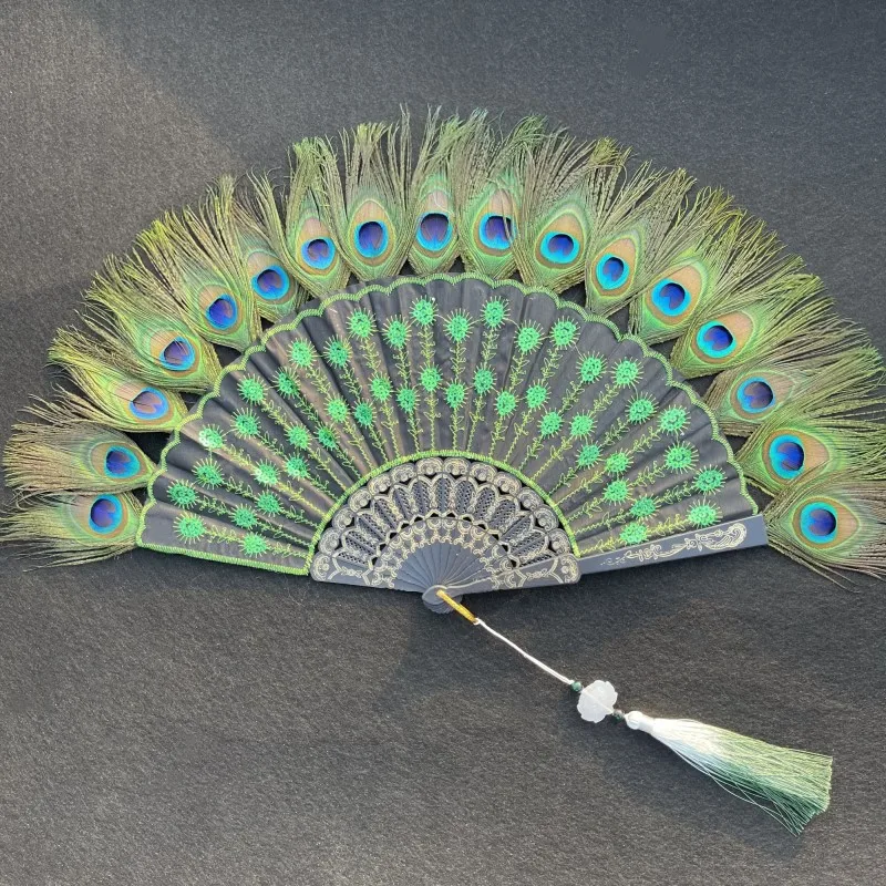 2026 Embroidery Sequin Peacock Feather Folding Fan Lolita Dance Hand Fan with Pendant Gifts Wedding Party Decoration