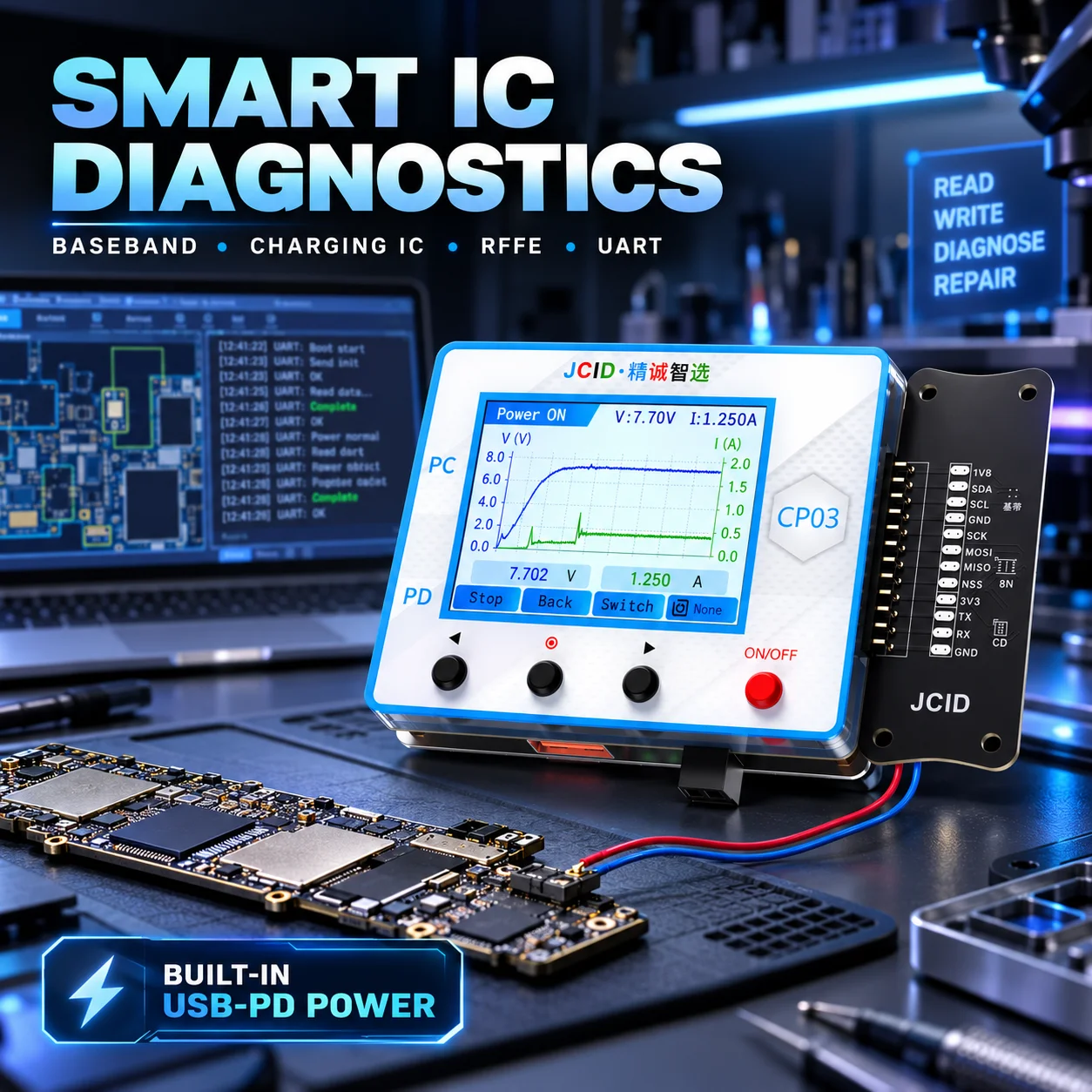 JCID CP03 Multifunctional IC Programmer Baseband Charging Chip Read Write RFFE UART USB PD Power Supply Phone Motherboard Repair