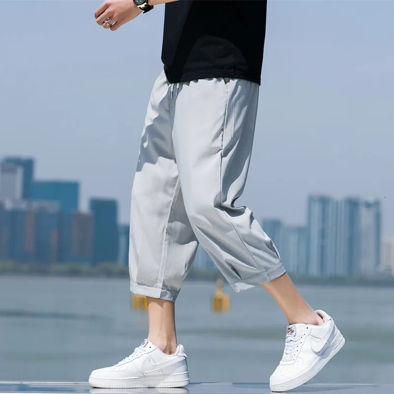 FGKKS Summer Men Casual Pants Ice Silk Thin Solid Color Cropped Pants Fashion Hip Hop Street Sweatpants Male Loose Trousers