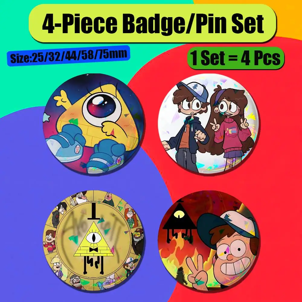 For Gravity Falls Giffany Dipper Bill Cipher Enamel Pin Badge Set 4PCS Round Metal Button Brooch Backpack Ita Bag Pins Custom
