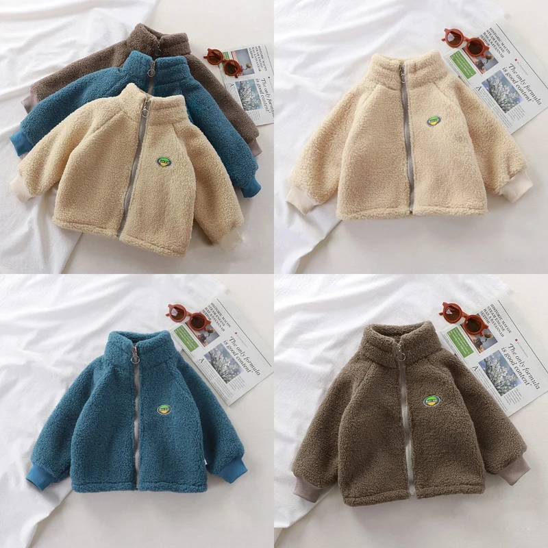 Autumn and Winter Children's Coat Long-Sleeved Thickened Warm Lambswool Boys and Girls Solid Simple Casual Coral Fleece Jacket