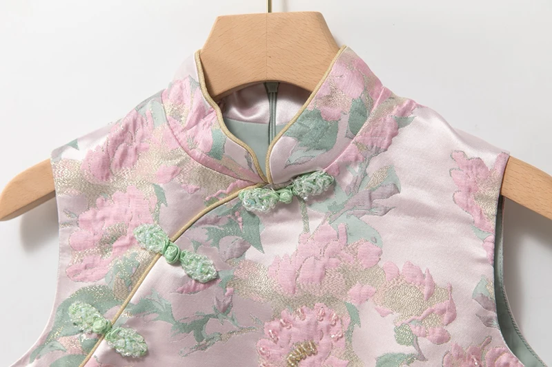 MIUXIMAO 2025 Chinese Koninklijke Luxe Jacquard Zomerjurken Roze 3D Rose Jurk A-LIJN Korte Diamanten Jurk Vrouwen Vestides
