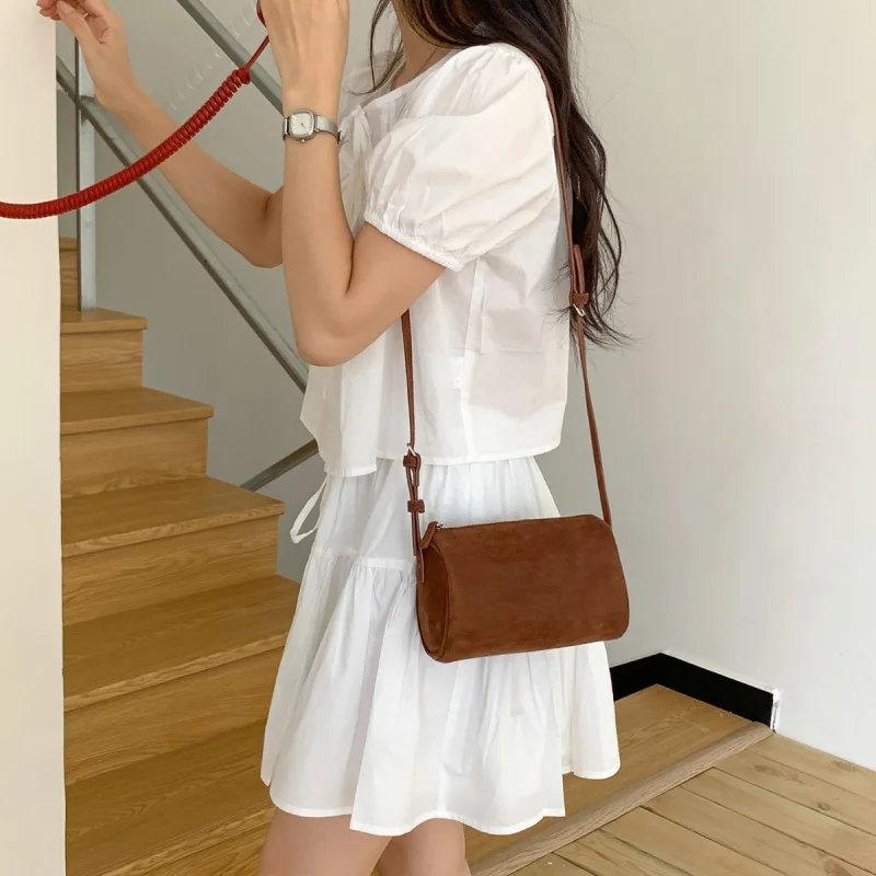 

Mini Suede Retro Bag Versatile Small Handbag Zipper Suede Cylinder Bag One-Shoulder Cross-Body Bag