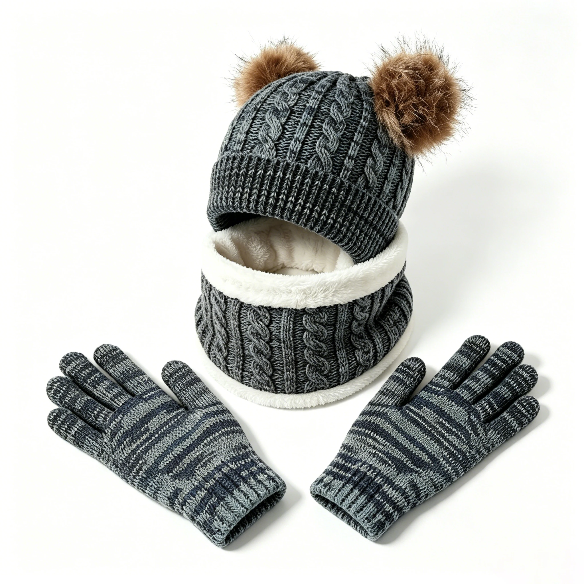 Set di 3 pezzi in stile retrò per bambini: cappello invernale a doppia palla, sciarpa e guanti in maglia.