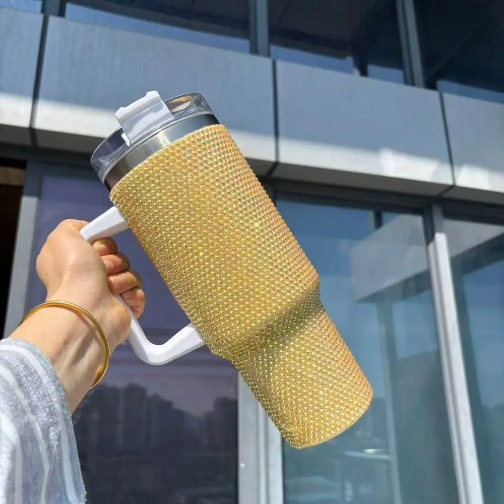 40 Oz Tumbler With Handle And Straw Lid, Studded Bling Diamond Tumbler, Stainless Steel Insulated Water Cup, Double Wall Travel