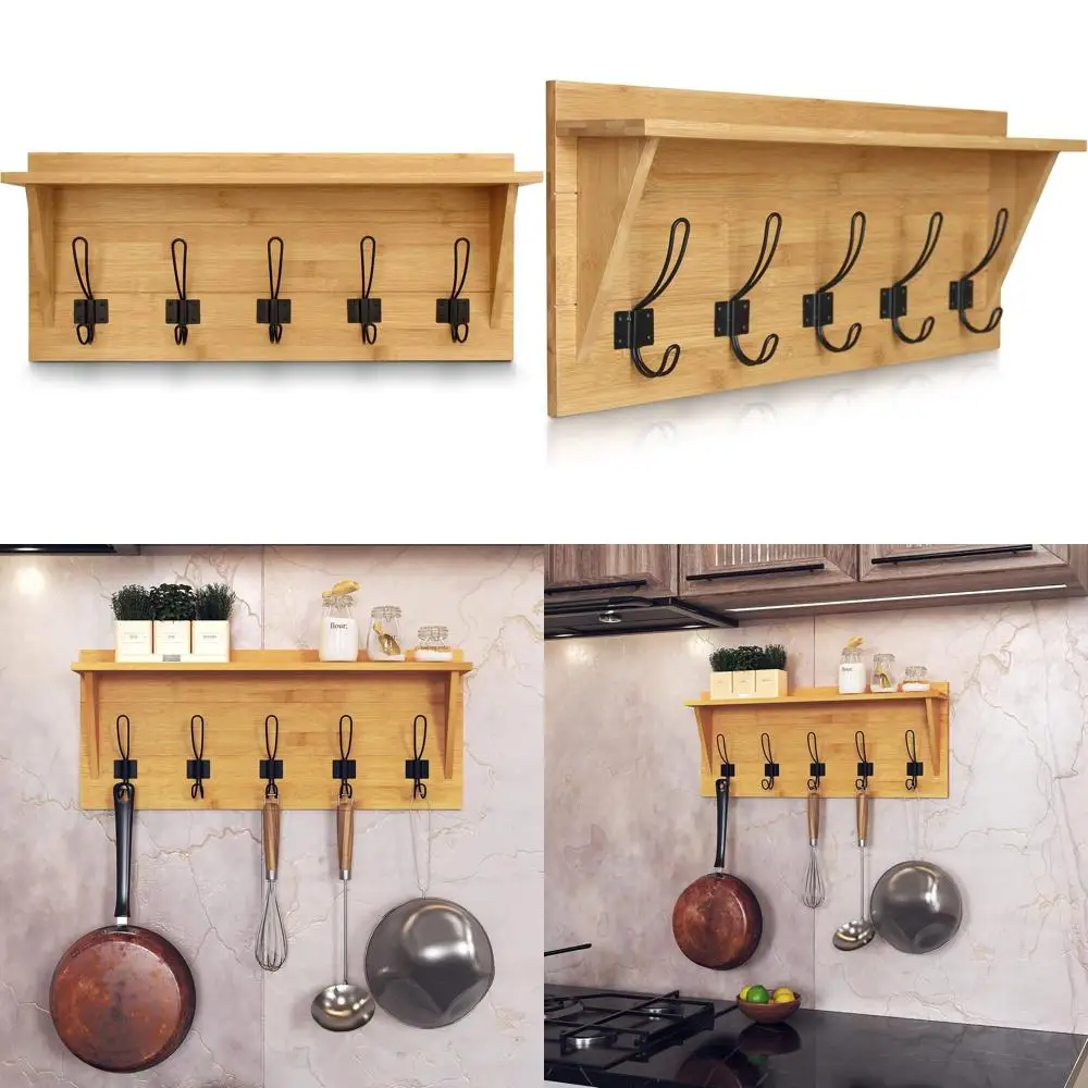 

Solid Wood 24 Wall Shelf with 5 Bamboo Coat Hooks - Perfect for Entryway, Mudroom, Kitchen, and Bathroom
