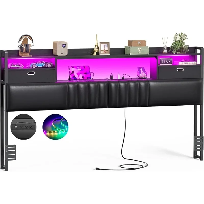 

Мягкое изголовье с ящиком для хранения, светодиодной подсветкой RGB, зарядной станцией и встроенным книжным шкафом