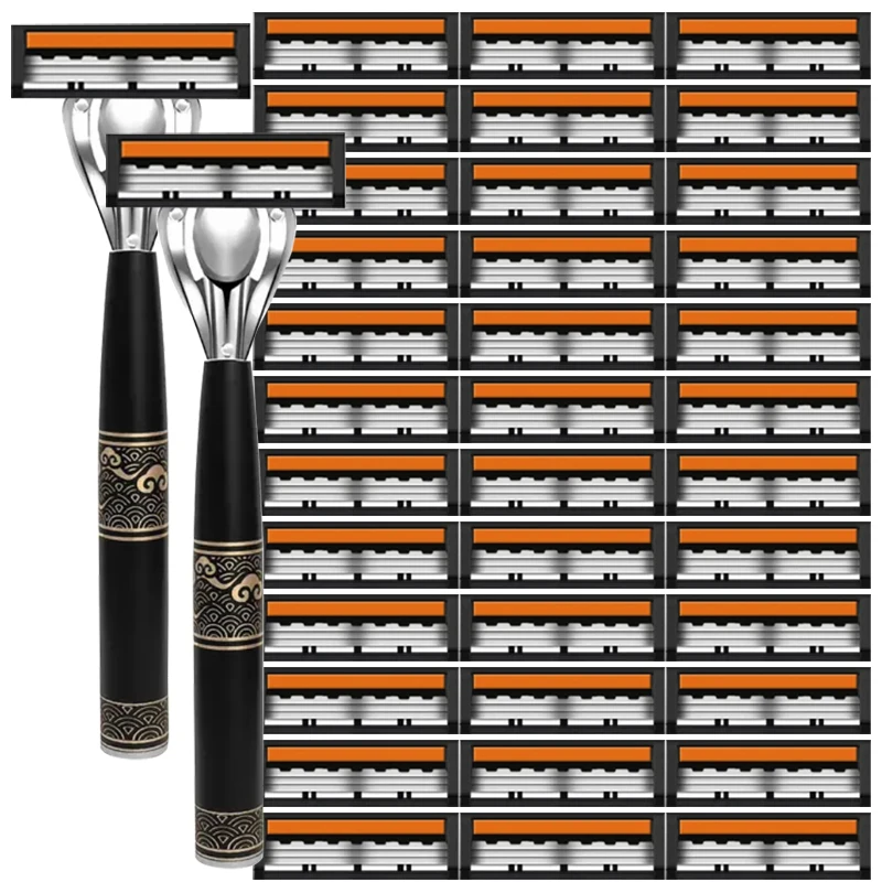 

3-слойная безопасная бритва с ручкой из нержавеющей стали — ручной набор для бритья бороды и усов — прочная бритва