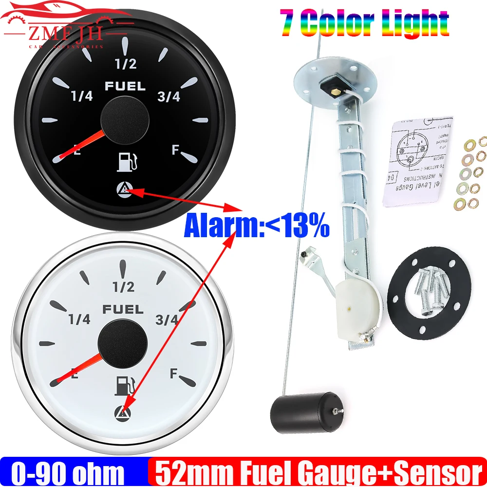 

0-90 ohm Fuel Level Sensor+52mm Fuel Level Gauge with Warning 7 Color Backlight Oil Meter Indicator for Marine Boat Yacht 12V24V