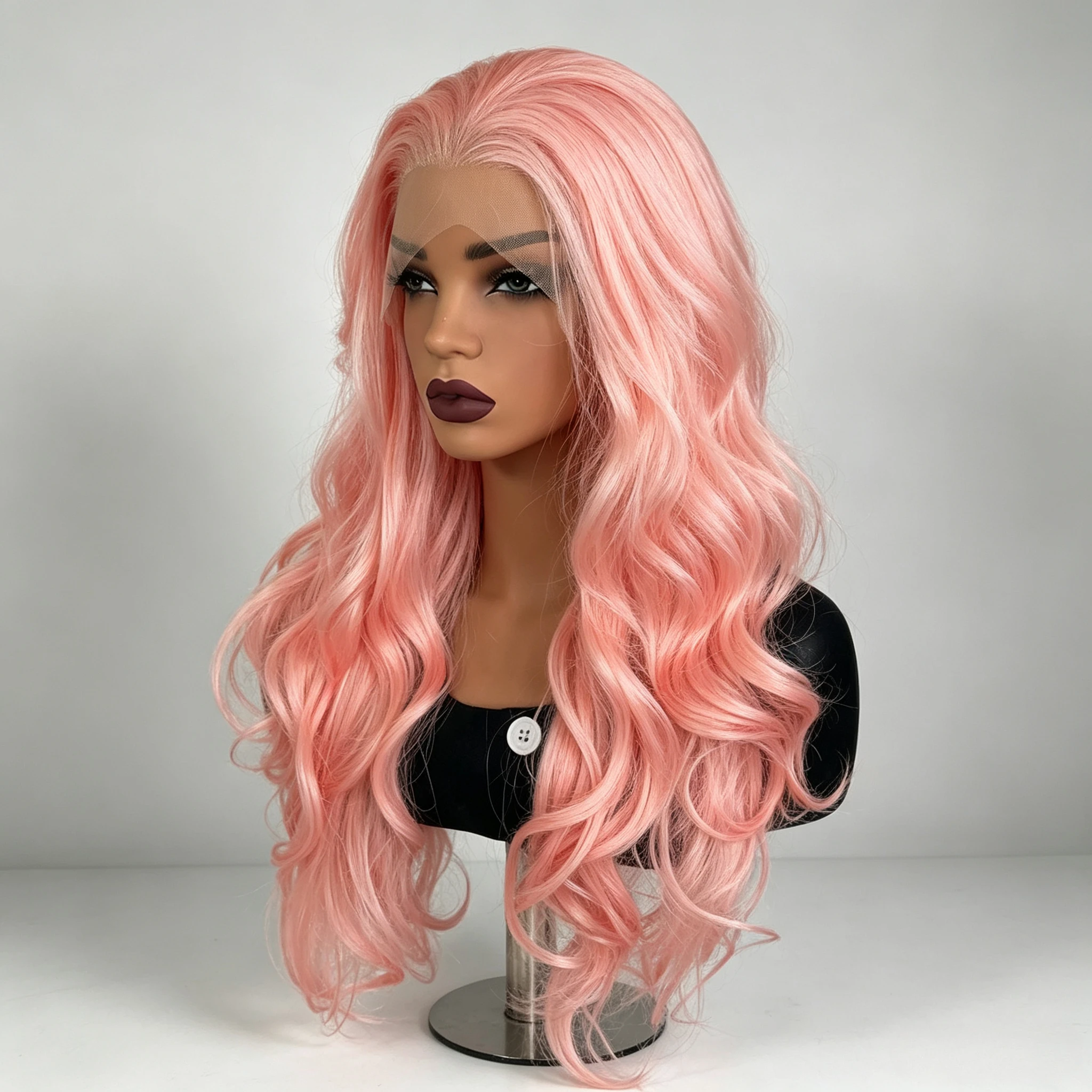 Light pink 13 * 4 front lace long curly hair big wave 18 30 inch matte high temperature silk chemical fiber wig