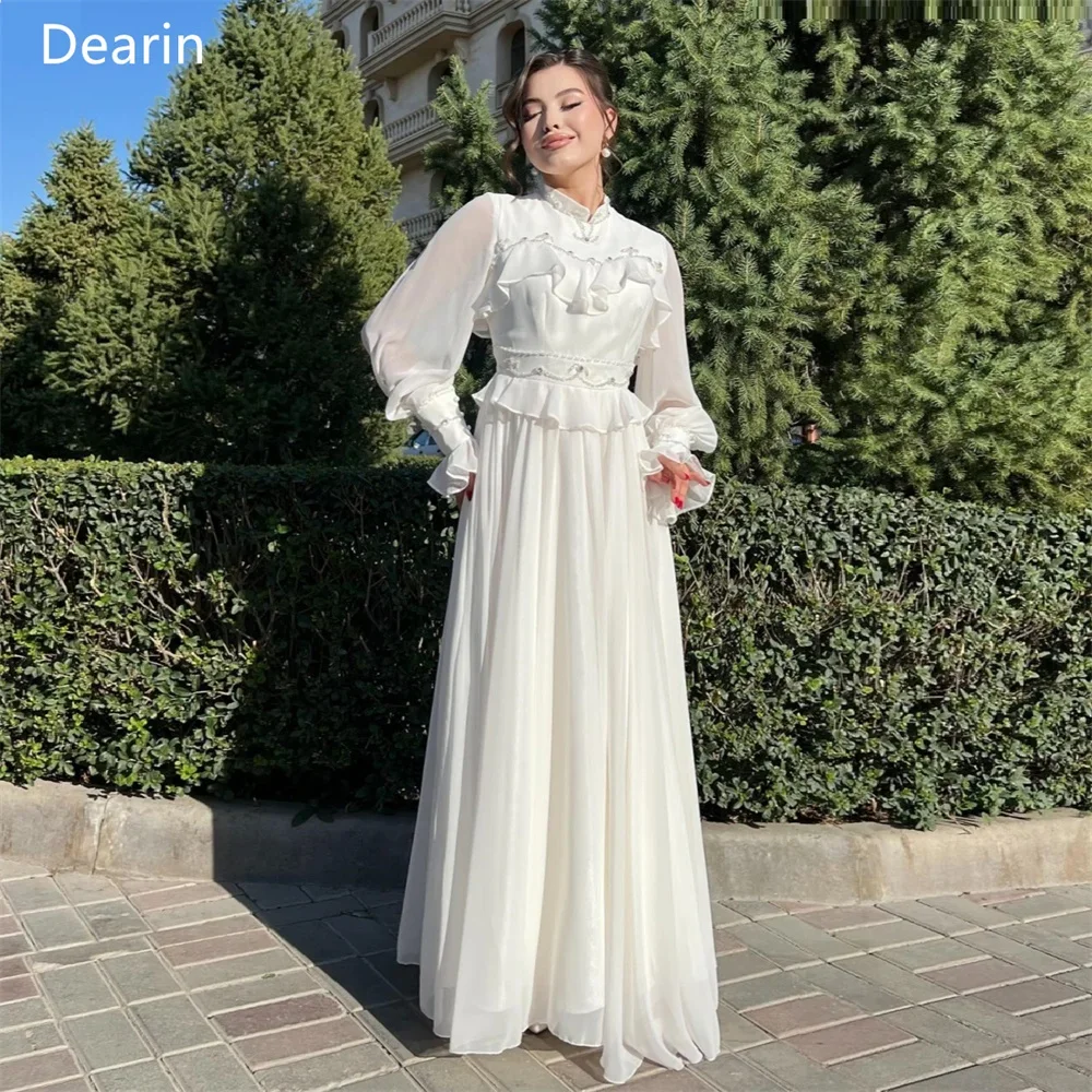 

Evening Gown Dearin High Collar A-line Floor Length Skirts Layered Draped Tulle Contoured Flouncing Bespoke Occasion Dresses For