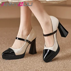 ANNYMOLI Women Genuine Leather Pumps High Hoof Heels Pointed Toe Mary Janes Buckle Mixed Colors Party Spring Autumn Shoes Black