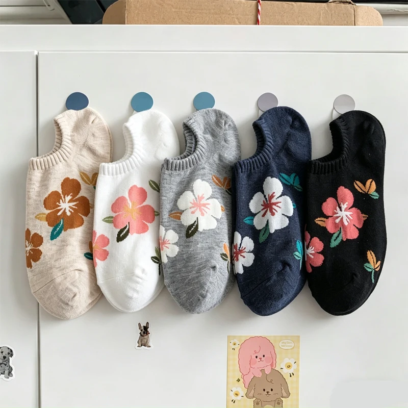 5 pairs random a set floral pattern ankle socks women's summer thin style small fresh plant flower shallow mouth invisible socks