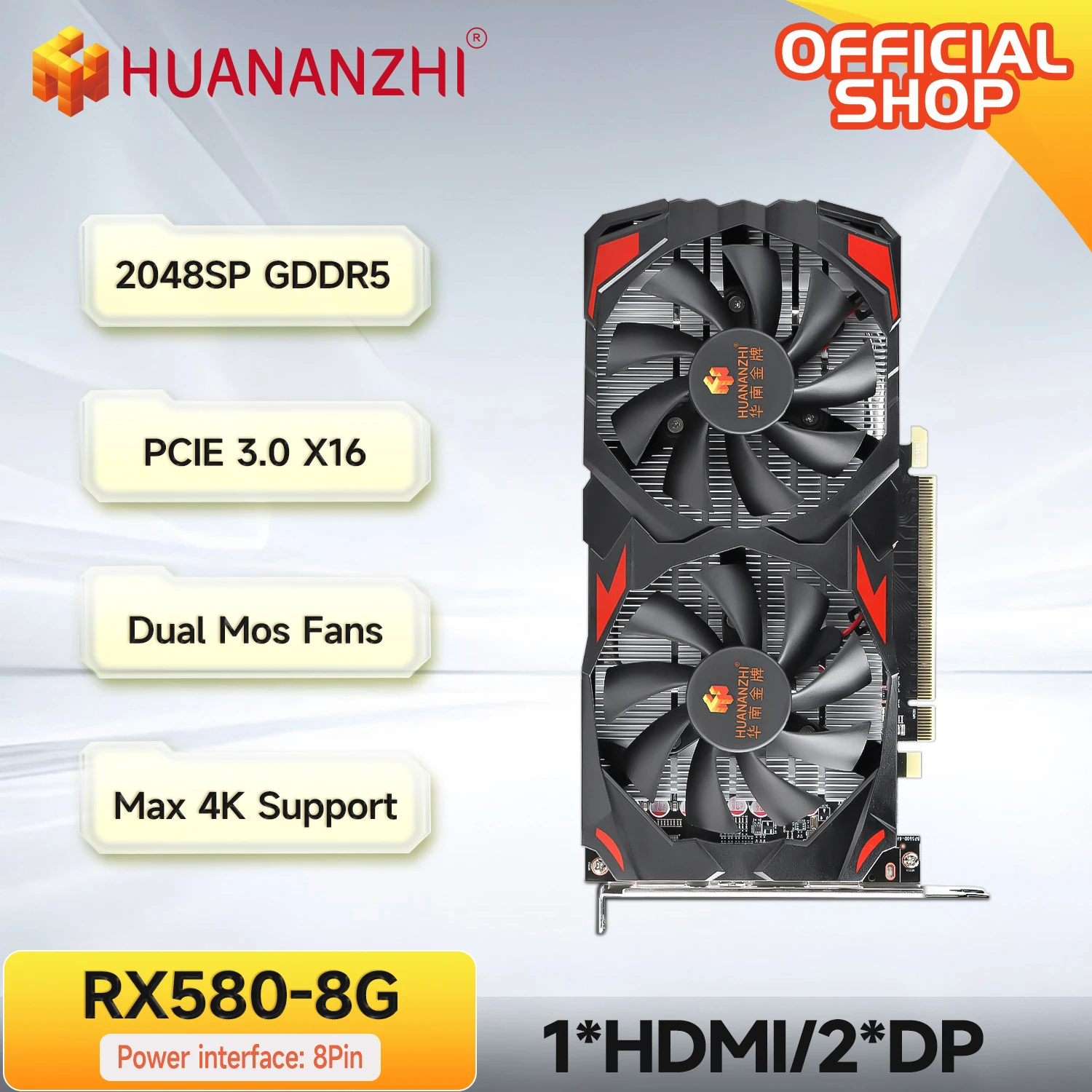 HUANANZHI RX 580 8G 2048SP بطاقات الرسومات 256Bit GDDR5 HDMI-متوافق مع DP DVI GPU RX580 8G بطاقة الفيديو