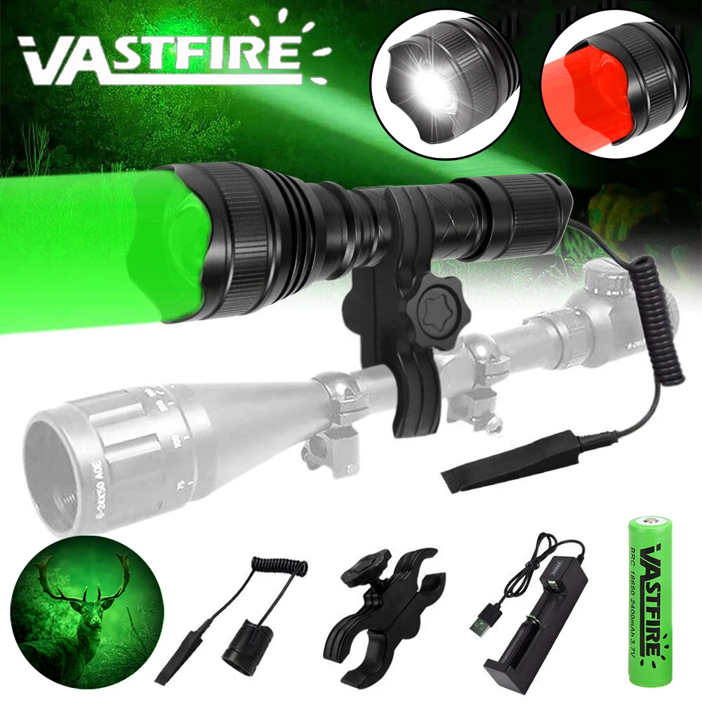 

LED Hunting Flashlight Green/Red/White 500 Yards Zoomable Tactical Torch 1 Mode Lamp+Remote Pressure Switch+Mount+18650+Charger