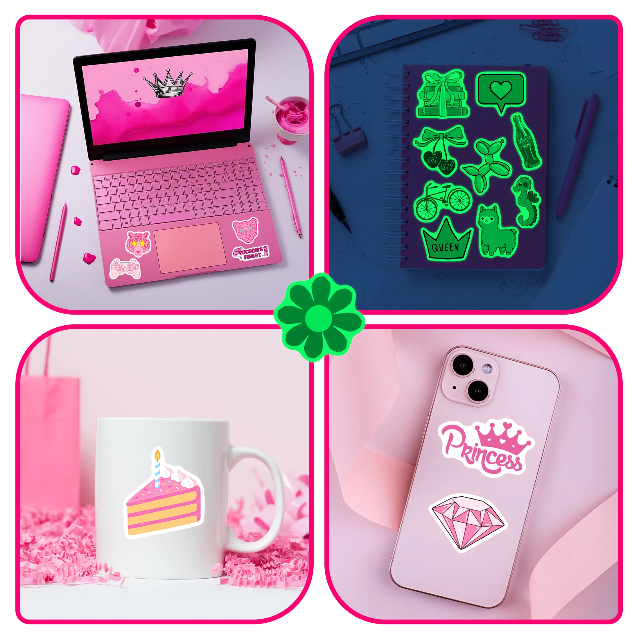 50Pcs Pink Pattern Glow in the Dark Stickers Waterproof Vinyl Stickers Phone Case Skateboard Decoration for Kids Teens DIY Gifts