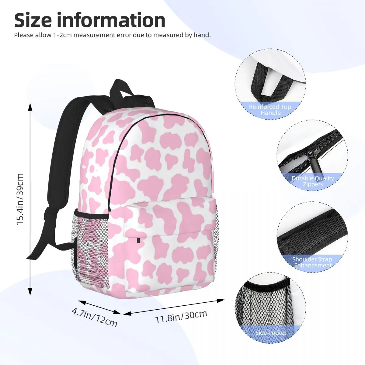 Rosa morango vaca impressão padrão estético mochilas, adolescente Bookbag, crianças mochilas escolares, mochila portátil, bolsa de ombro, moda