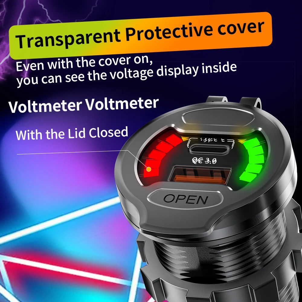 ZUNVMMS مقبس شاحن USB مزدوج مع الفولتميتر LED ON OFF التبديل QC3.0 نوع C مقاوم للماء منفذ USB شاحن سريع لسيارة 12 فولت/24 فولت