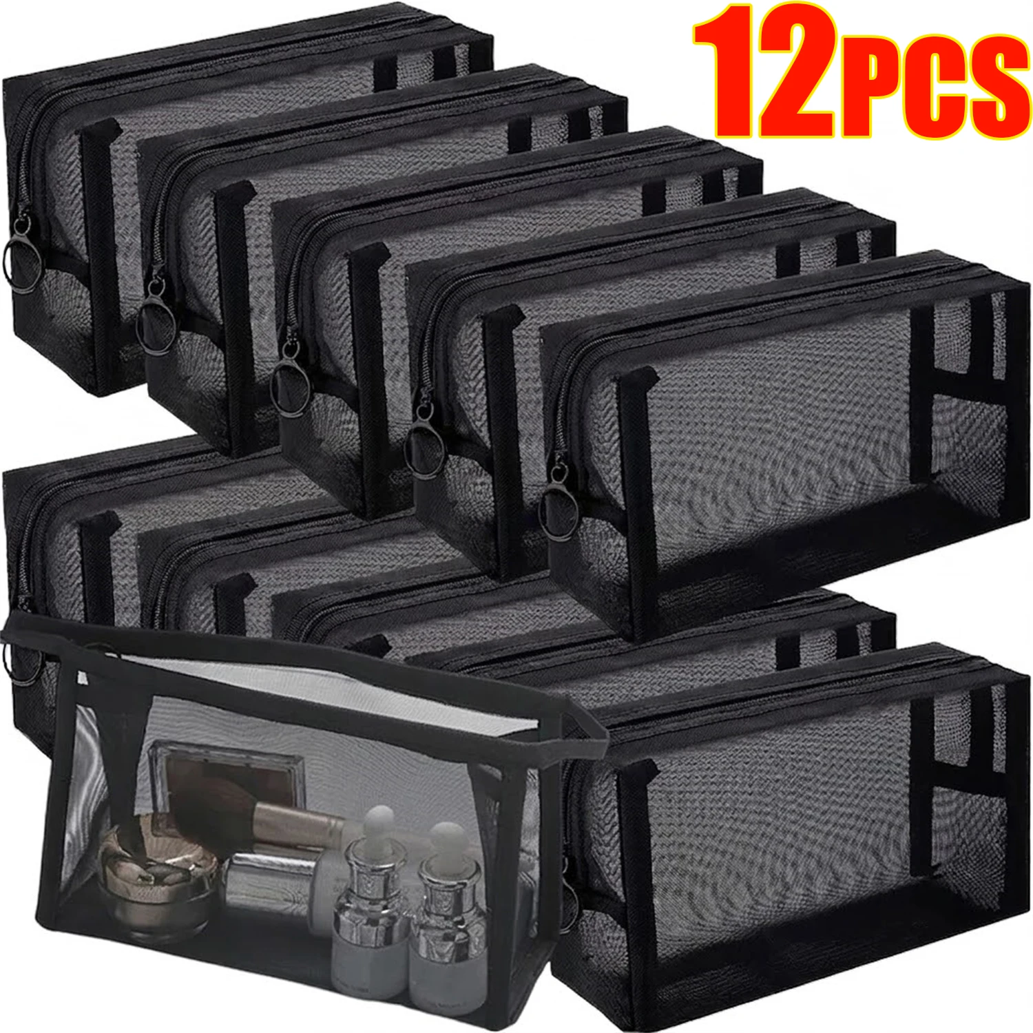 1-12PCS Clear Mesh Storage Bag Small Large Black Cosmetic Bag Portable Travel Toiletry Container Pouches Bags Bathroom Organizer