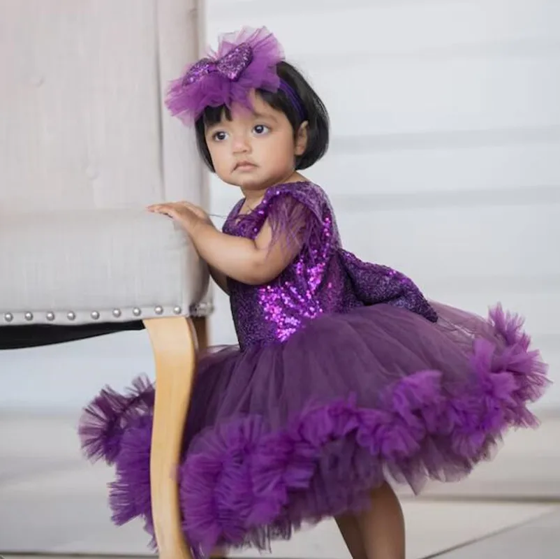 Purple Baby Girls Dress Sequined Top with Big Bow Princess Birthday Dress Kid Tutu Outfit Christmas Gift First Communion Gown