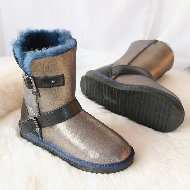 G&Zaco Luxury Winter Sheepskin Snow Boots shearling Fur Boots Women Wool Boots Buckle Sheep Genuine Leather Female Calf Boots