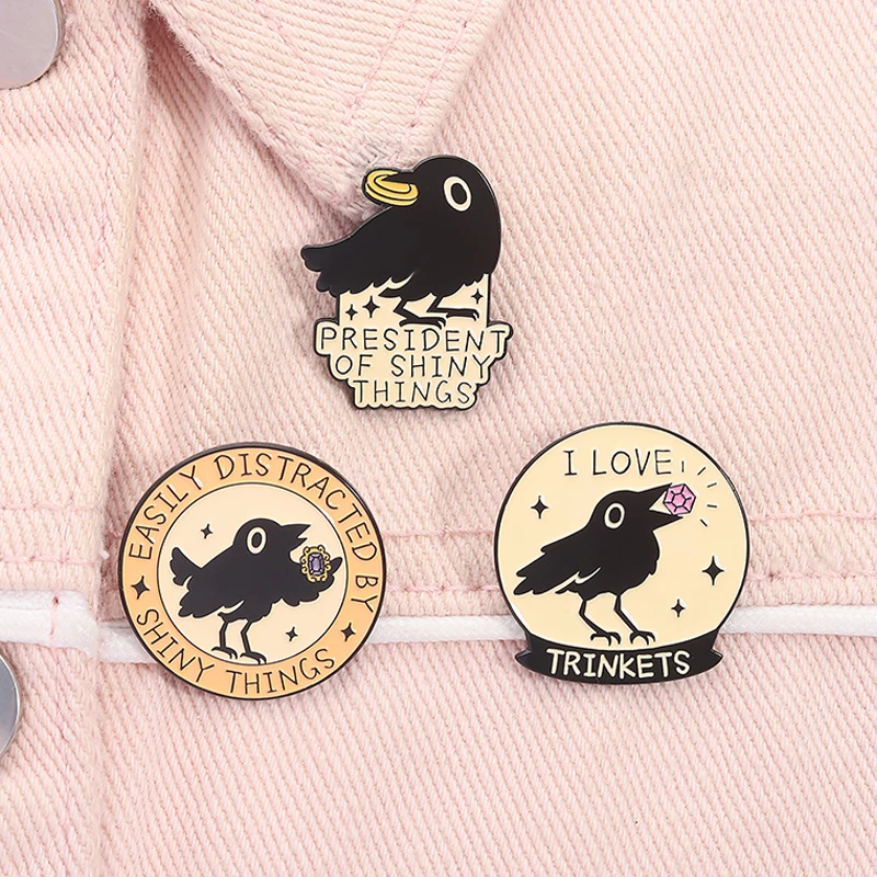 Easily Distracted By Shiny Things Enamel Pins Cartoon Crow Holding Diamond Brooch Lapel Backpack Badge Jewelry Gifts for Friends
